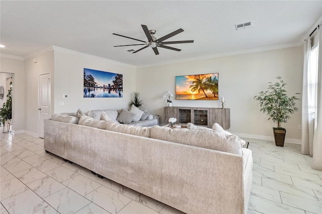 living room featuring ceiling fan and ornamental molding