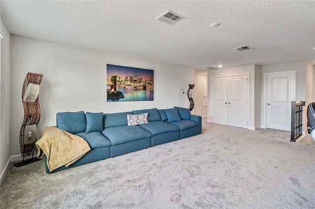 living room with carpet flooring and a textured ceiling