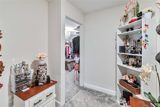 walk in closet with light carpet