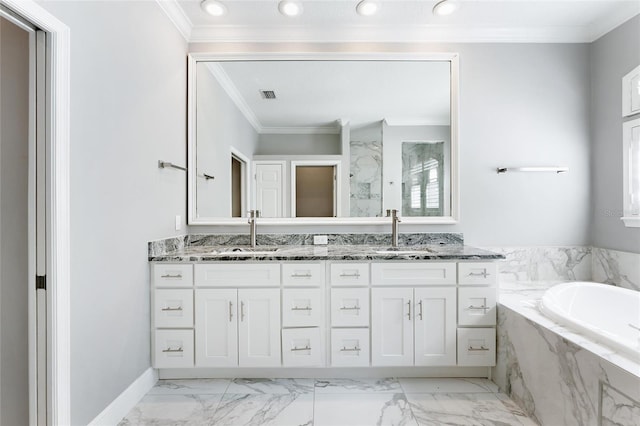 bathroom featuring vanity, a relaxing tiled tub, and crown molding