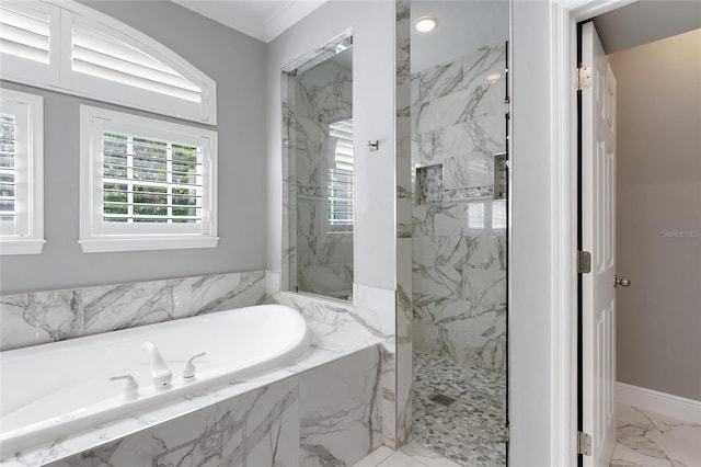 bathroom featuring shower with separate bathtub