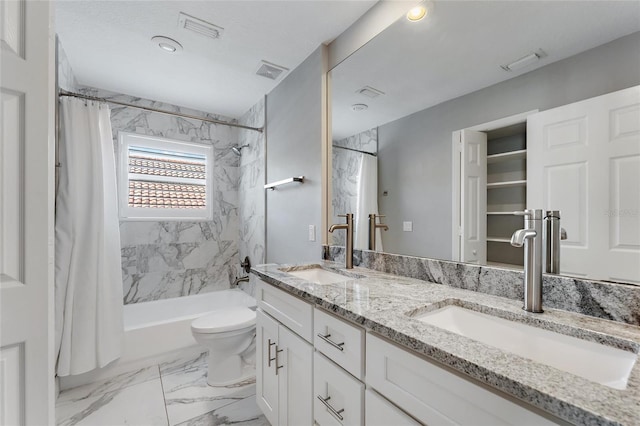 full bathroom with vanity, toilet, and shower / bath combo with shower curtain