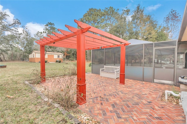 view of patio / terrace featuring a lanai and a pergola