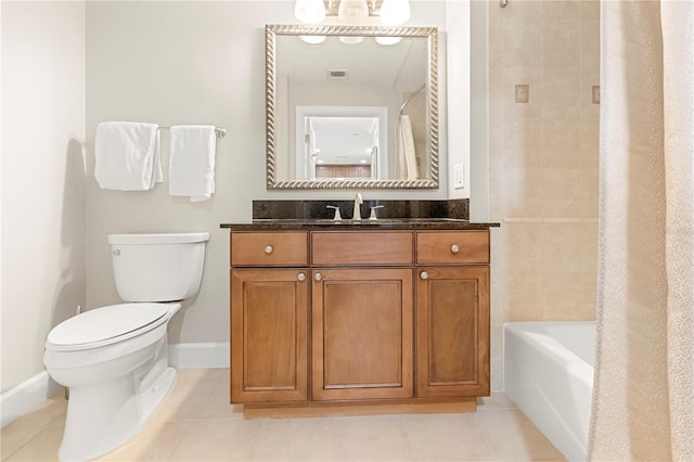 full bathroom with toilet, tile patterned flooring, shower / bathtub combination with curtain, and vanity