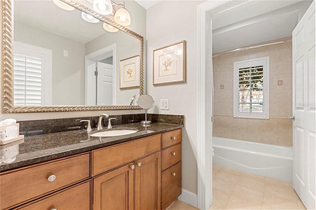 bathroom featuring tile patterned floors, tiled shower / bath combo, and vanity