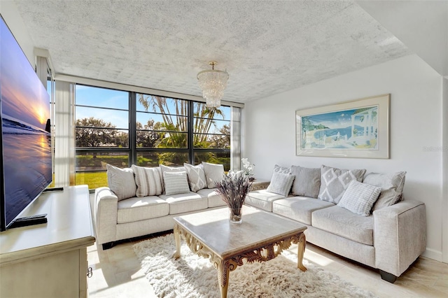 living room with a wall of windows, light tile patterned flooring, and a notable chandelier