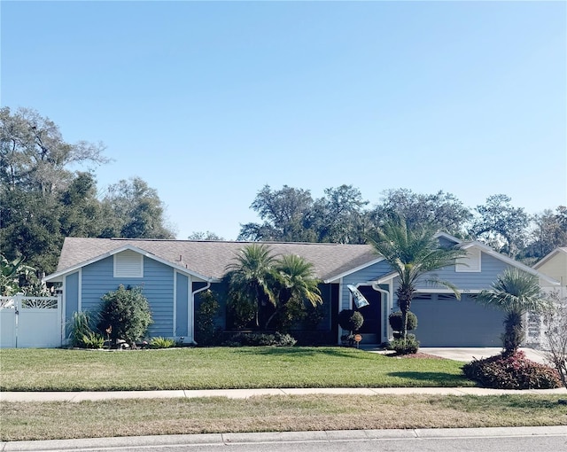 single story home with a garage and a front yard