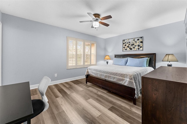 bedroom with ceiling fan and light wood-type flooring