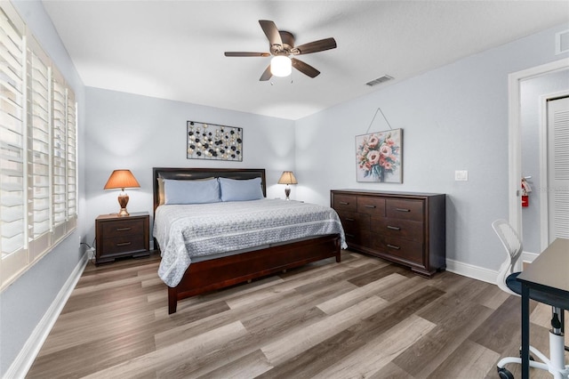 bedroom with ceiling fan and wood-type flooring