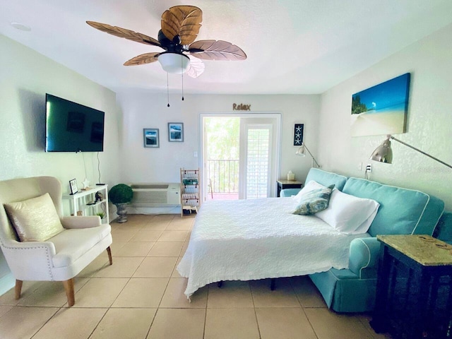 bedroom with access to exterior, light tile patterned floors, a wall mounted AC, and ceiling fan