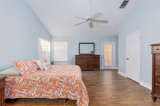 bedroom with lofted ceiling, ceiling fan, and dark hardwood / wood-style floors