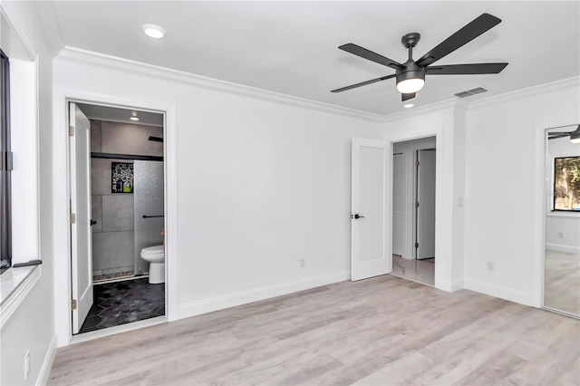 unfurnished bedroom with connected bathroom, crown molding, ceiling fan, and light wood-type flooring