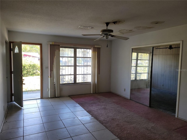 doorway with light colored carpet, plenty of natural light, and a textured ceiling