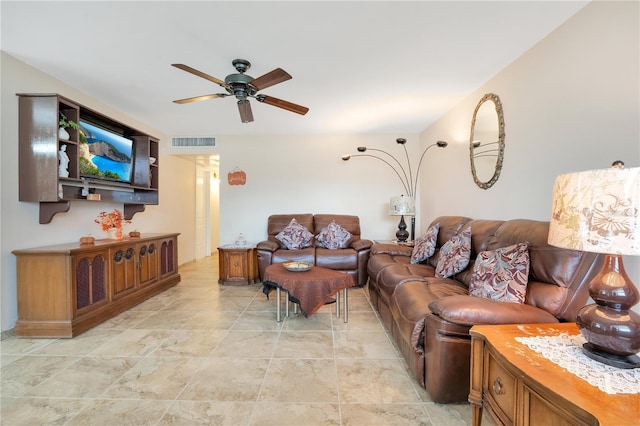 living room featuring ceiling fan