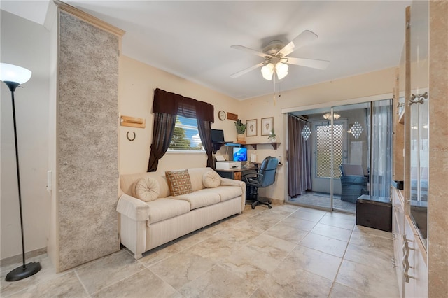 living room with ceiling fan