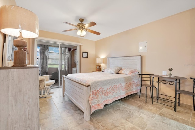 bedroom featuring access to outside and ceiling fan