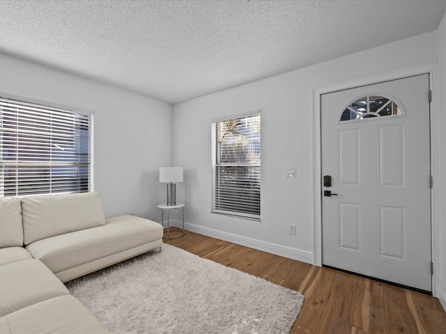 living room featuring hardwood / wood-style floors and a textured ceiling