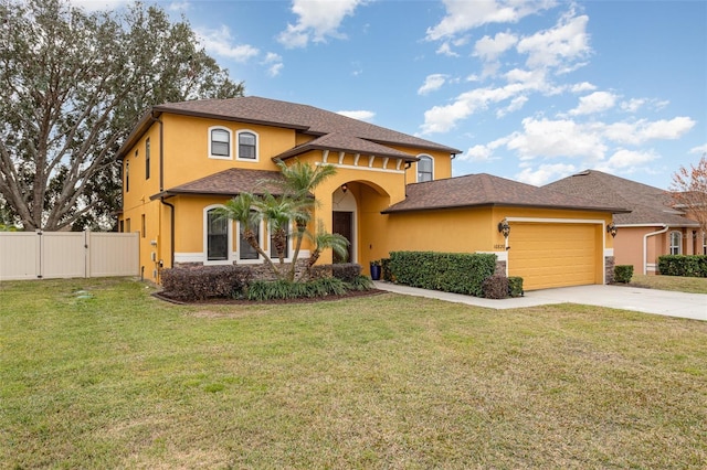 view of front of house with a garage and a front lawn