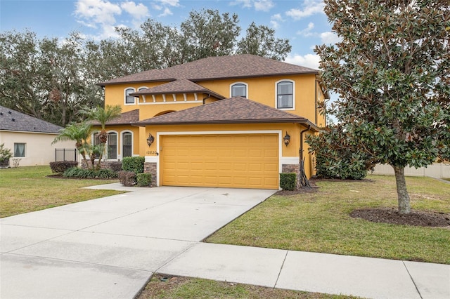 view of front facade featuring a front lawn and a garage