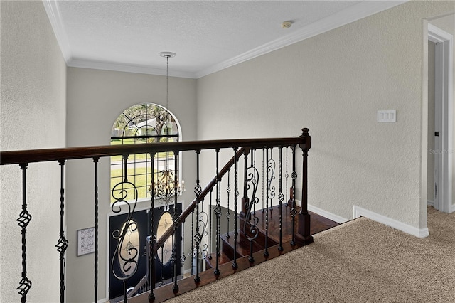 stairs featuring carpet, crown molding, and a notable chandelier