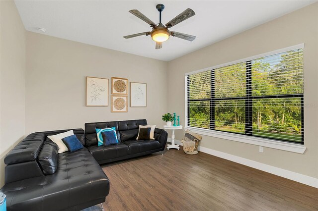 living room with hardwood / wood-style flooring and ceiling fan