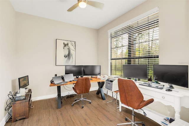 office space with ceiling fan and light hardwood / wood-style floors