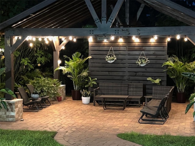 patio at night with a gazebo