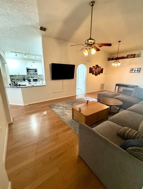 living room featuring vaulted ceiling, ceiling fan, light hardwood / wood-style floors, track lighting, and a textured ceiling