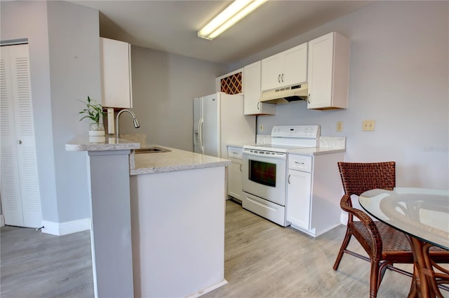 kitchen with white cabinetry, white range with electric cooktop, light hardwood / wood-style floors, and sink