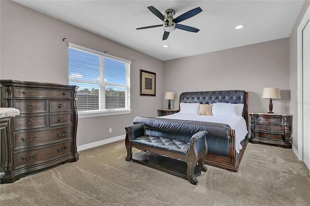 carpeted bedroom featuring ceiling fan