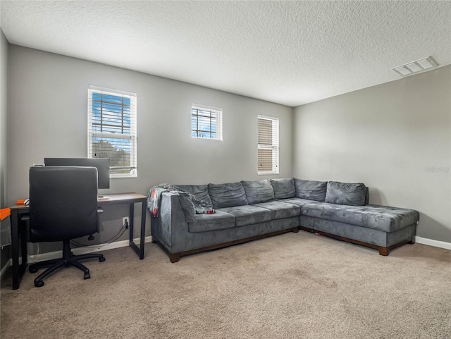 living room with light carpet and a textured ceiling