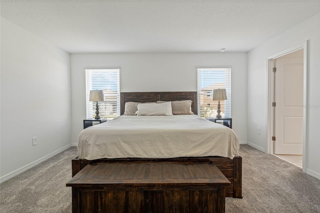 carpeted bedroom with multiple windows and a textured ceiling