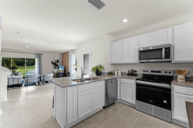 kitchen featuring kitchen peninsula, white cabinetry, sink, and stainless steel appliances