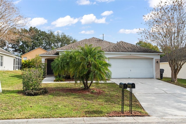 ranch-style house featuring a front yard and a garage