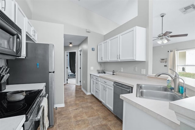 kitchen featuring stainless steel dishwasher, ceiling fan, white cabinetry, and sink