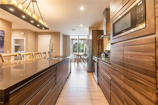 kitchen featuring pendant lighting, sink, wall chimney exhaust hood, light wood-type flooring, and stainless steel appliances