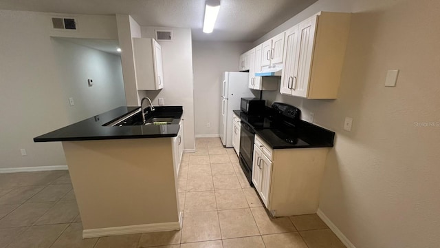 kitchen with white cabinetry, sink, kitchen peninsula, light tile patterned floors, and black appliances