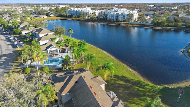 drone / aerial view with a water view