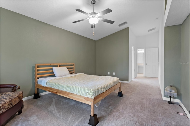 bedroom with light colored carpet and ceiling fan