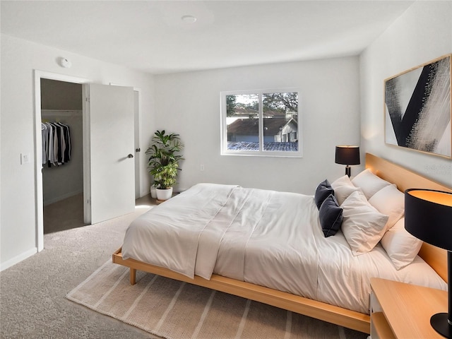 bedroom featuring a walk in closet, a closet, and carpet floors