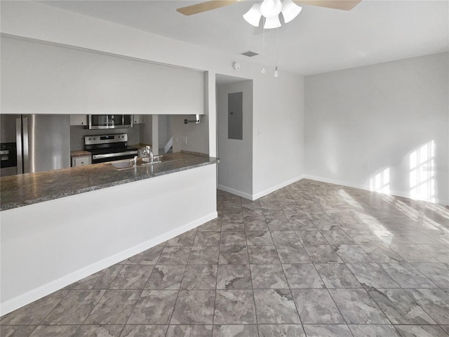 kitchen featuring ceiling fan, sink, stainless steel appliances, and electric panel