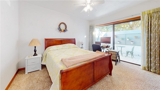 bedroom featuring light carpet, ceiling fan, and access to outside