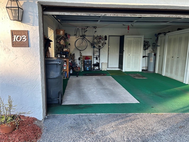 garage featuring water heater