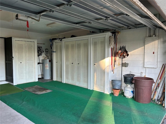 garage with electric water heater and electric panel