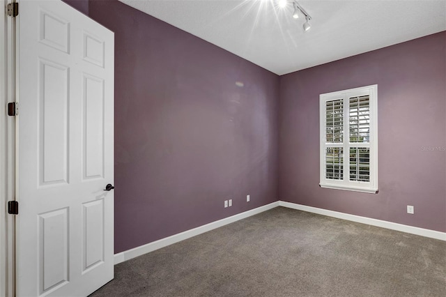 empty room featuring carpet and track lighting