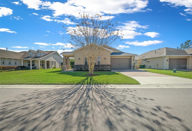 single story home featuring a front yard and a garage