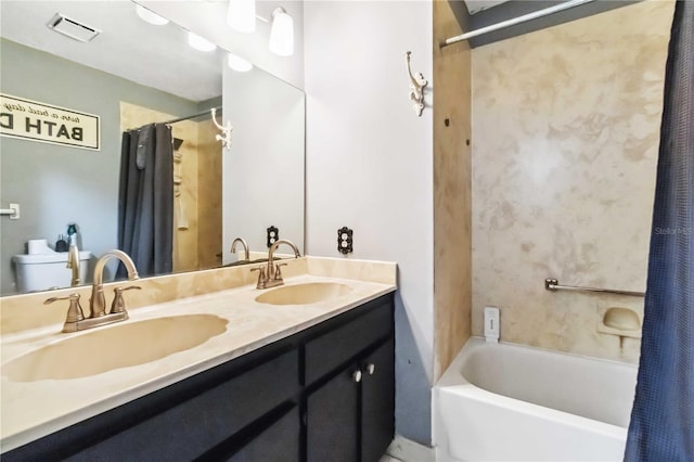 bathroom with vanity and shower / bathtub combination with curtain