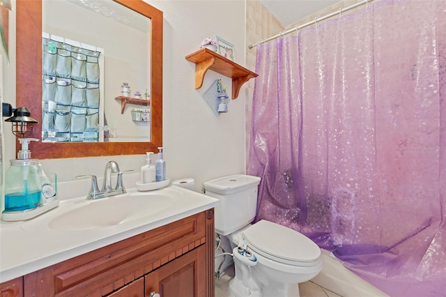 bathroom featuring a shower with curtain, tile patterned flooring, vanity, and toilet