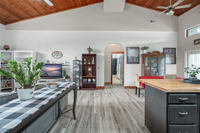 kitchen featuring wooden ceiling, high vaulted ceiling, ceiling fan, light wood-type flooring, and butcher block countertops