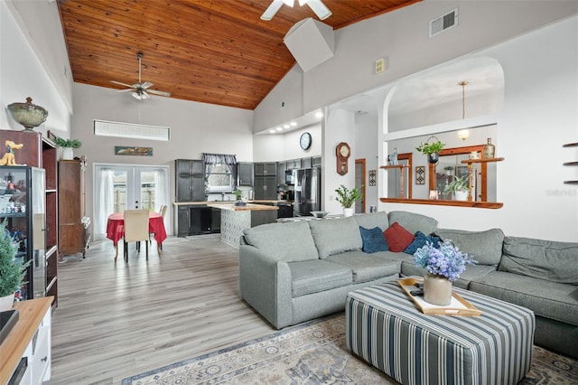 living room with french doors, high vaulted ceiling, ceiling fan, and wooden ceiling